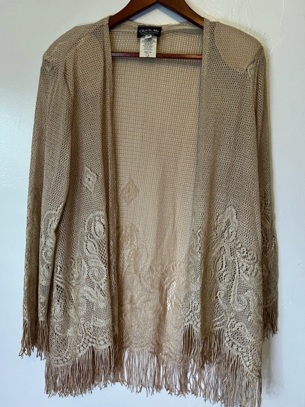Onyx Nite Women's Beige Crochet Fringe Open Cardigan Sweater